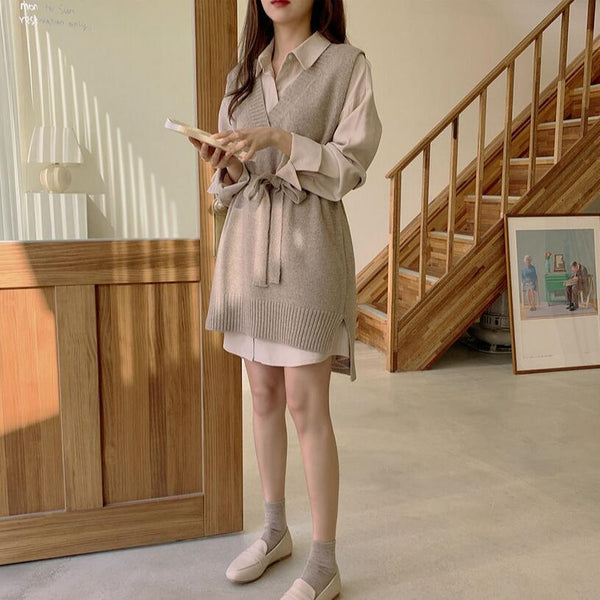 Conjunto de Chaleco de Lana y Camisa Polo Cuello Alto para Otoño e Invierno