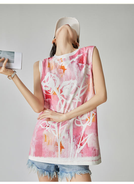 Blusa Suelta sin Mangas Estampado Acuarela Floral Rosa para Mujer - Image 10