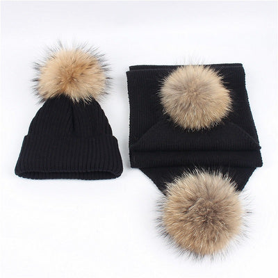 Red knitted hat and scarf set with fluffy brown and black fur pom-poms, ideal for warm winter wear. - Image 13