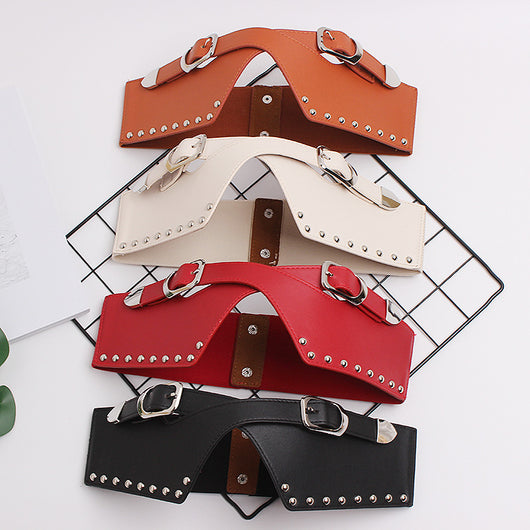 Camel elastic wide belt with silver-toned buckles and rivets, featuring a V-shaped faux leather front. - Image 14