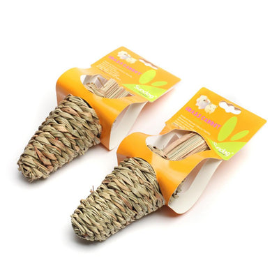 Two natural woven grass pet molars, shaped like carrots, with bundled grass tops for small animals to chew. - Image 5