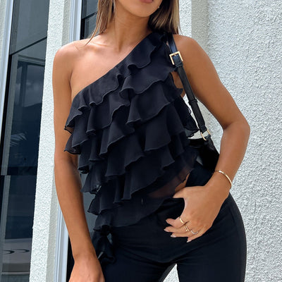 Blusa Asimétrica con Volantes en Colores Sólidos - Image 10
