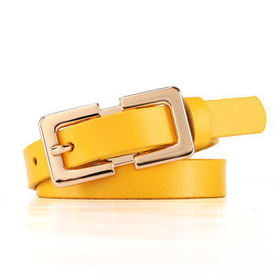Thin dark brown cowhide leather belt with a gold-colored rectangular pin buckle on a white background. - Image 2