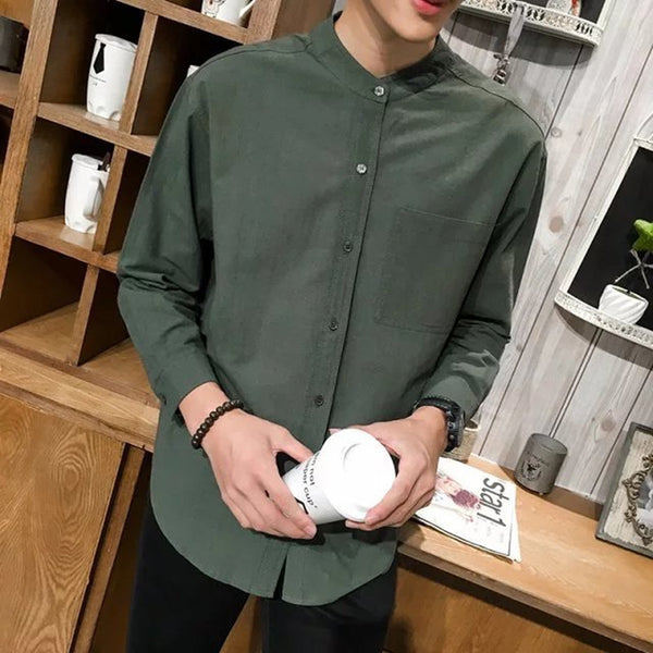Camisa Hombre Cuello Mao Algodón y Lino Blanca