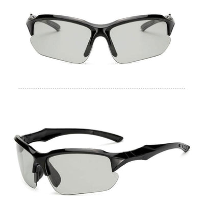 Black sports sunglasses with blue polarized lenses, shown from a front view and a three-quarter side view. - Image 31