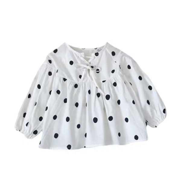 Blusa Infantil Manga Larga Estilo Occidental con Lunares y Mangas Abullonadas