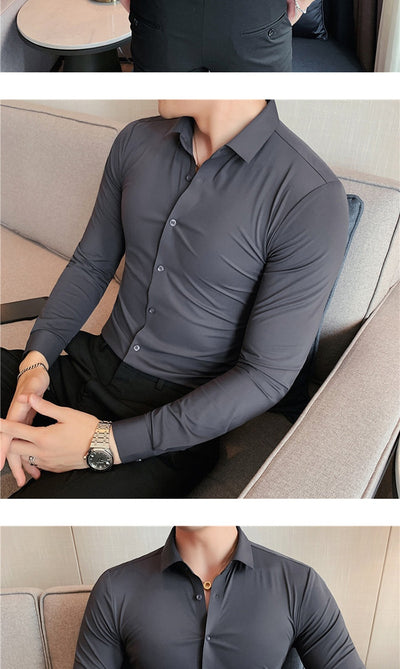 Camisa Ejecutiva Coreana Slim Fit de Punto Elástico para Hombre - Image 21