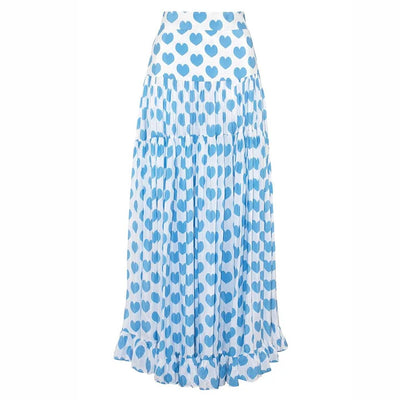 White shorts with blue heart print and ruffled sides, perfect for a fun vacation or casual summer day. - Image 46
