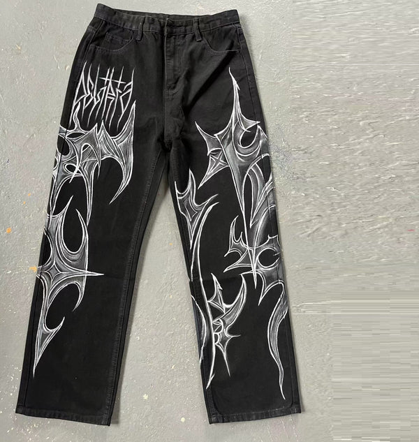 Jeans Negros Estilo Graffiti Urbano Antidesvanecimiento para Hombre y Mujer