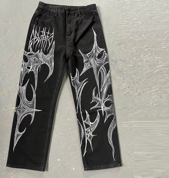 Unisex Black Graffiti Urban Fade-Resistant Jeans