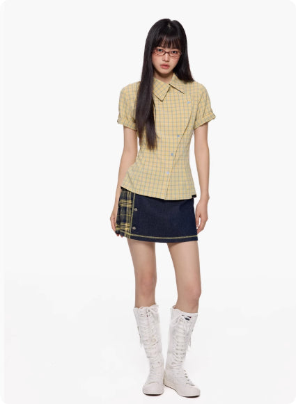 Camisa Cuadriculada Manga Corta Efecto Reductor para Mujer - Image 7