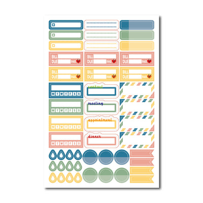 Colorful planner sticker sheet with labels for Scripture Study, Weekly Spending, and Work, featuring various shapes. - Image 11