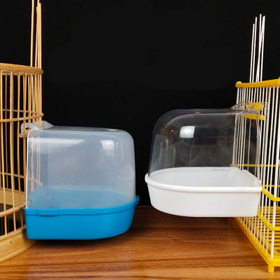 Clear plastic bird bath with a blue base, designed to attach to a yellow and white bird cage. - Image 8