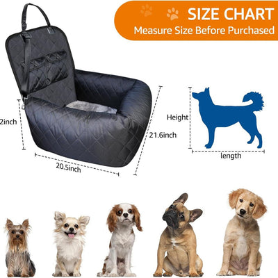 Black quilted pet car seat protector with two happy white fluffy dogs, secured to a brown leather car seat. - Image 2