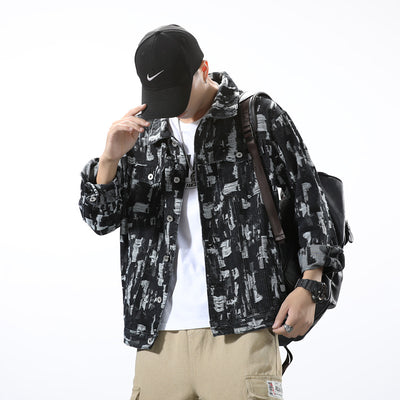 Chaqueta Denim Jacquard para Hombre Estilo Retro Japonés con Detalles Rotos
