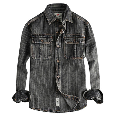 Camisa Denim Retro Británica a Rayas Negras y Grises para Hombre - Image 5