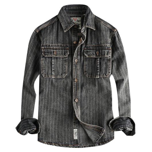 Camisa Denim Retro Británica a Rayas Negras y Grises para Hombre - Image 5