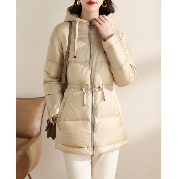 Chaqueta Acolchada Brillante con Capucha para Mujer - Corte Midi Cálido