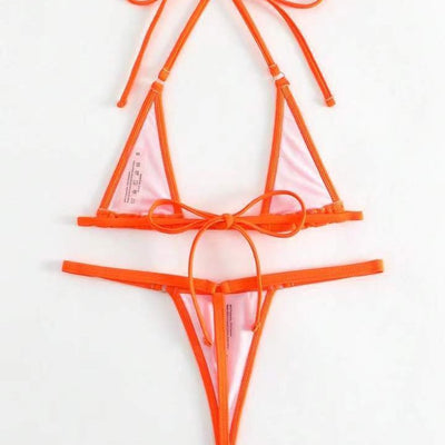 Orange solid color three-point bikini with a micro triangle top and thong bottom, modeled on a woman. - Image 3