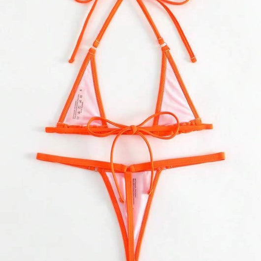 Orange solid color three-point bikini with a micro triangle top and thong bottom, modeled on a woman. - Image 3