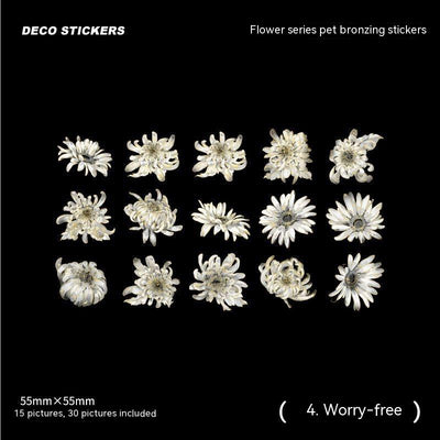 Set of 30 white and cream flower stickers, 55x55mm, featuring various chrysanthemum designs with a bronzing effect. - Image 6