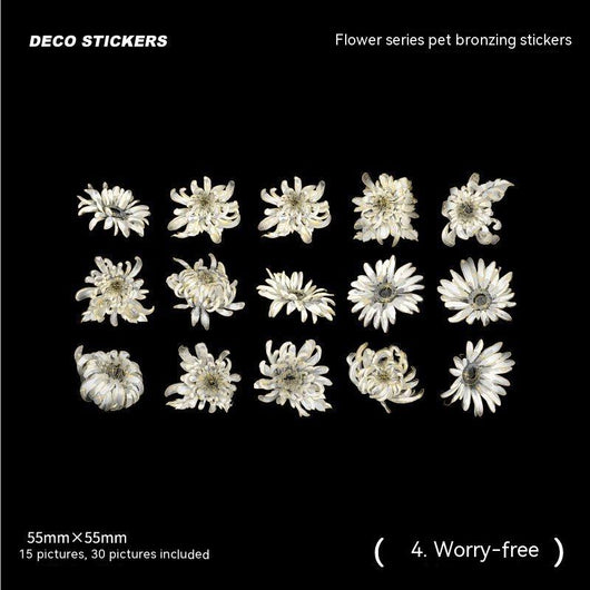 Set of 30 white and cream flower stickers, 55x55mm, featuring various chrysanthemum designs with a bronzing effect. - Image 6