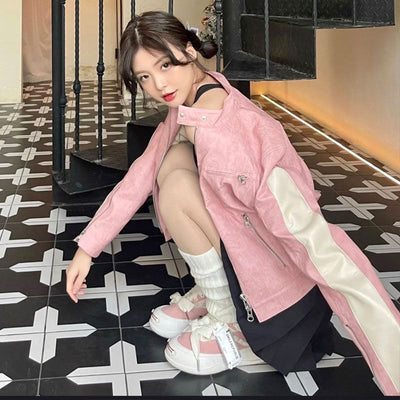 Chaqueta de Cuero Rosa con Cierre y Costuras Decorativas - Image 6