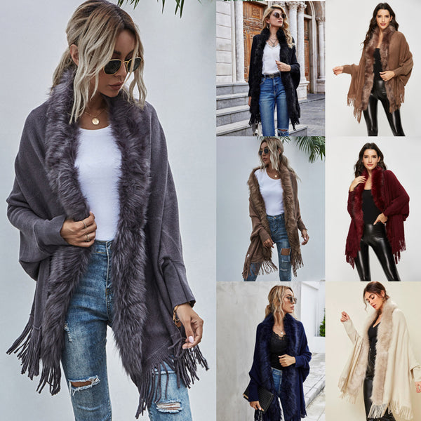 Cardigan Suéter con Cuello de Piel Sintética