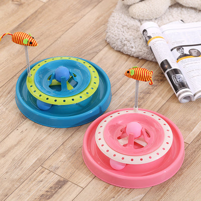 Pink two-tier cat play plate with a rolling ball track and a spring-mounted striped mouse toy. - Image 4