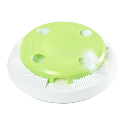 Round electric cat toy with a white base and a lime green top, featuring a rotating white feather. - Image 8