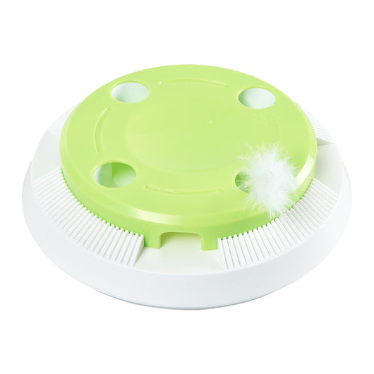 Round electric cat toy with a white base and a lime green top, featuring a rotating white feather. - Image 8