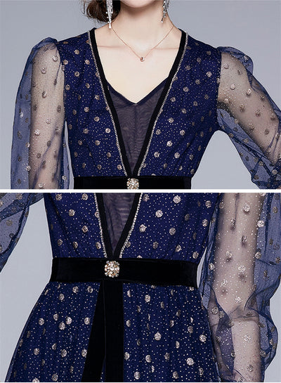 Vestido de Fiesta para Dama con Malla y Lunares en la Cintura - Image 6