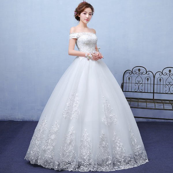 Vestido de Novia Blanco de Encaje con Hombro Descubierto - Personalizable