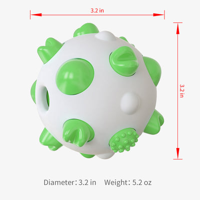 White and teal spherical dog toy with textured nubs for dental cleaning, shown with a dog chewing a similar toy. - Image 3