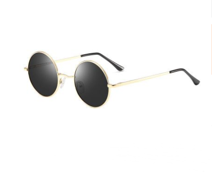 Round vintage sunglasses with gold metal frames and dark black lenses, shown at an angle on a white background. - Image 3