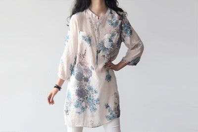 Blusa Larga de Lino y Algodón con Estampado Floral - Manga 7/8 Holgada Estilo Coreano - Image 5