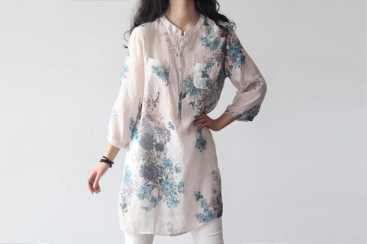 Blusa Larga de Lino y Algodón con Estampado Floral - Manga 7/8 Holgada Estilo Coreano - Image 5