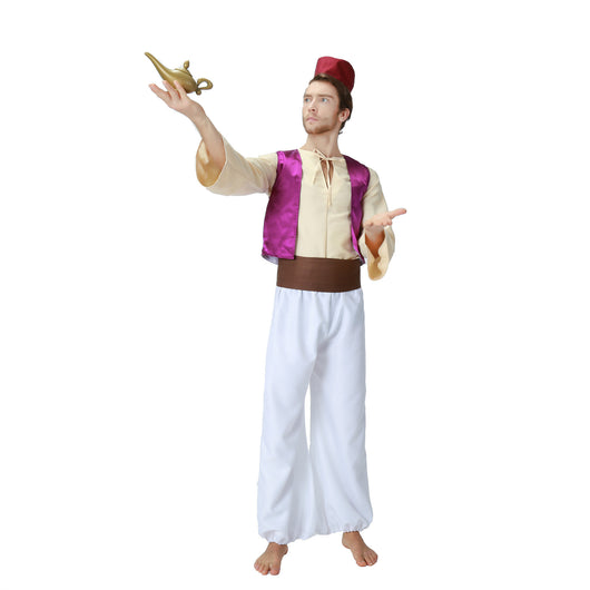 Men's Prince costume featuring a red fez, cream shirt, purple vest, brown sash, white harem pants, and a gold genie lamp. - Image 3