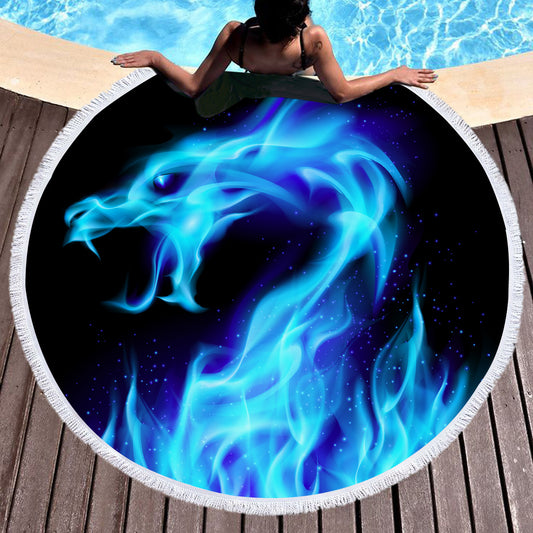 Tapiz Redondo Dragón de Fuego Azul para Playa - Manta Decorativa 150cm con Borlas
