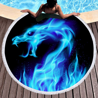 Tapiz Redondo Dragón de Fuego Azul para Playa - Manta Decorativa 150cm con Borlas