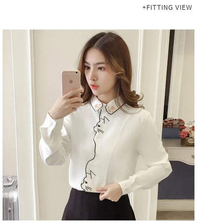 Blusa Blanca Holgada con Bordado de Gato - Diseño Adorable y Cómodo - Image 8