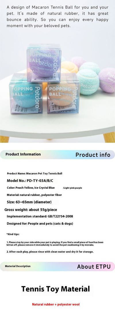 Peach yellow Petdora high elastic tennis ball dog toy next to its clear iridescent 'Popping Ball' packaging. - Image 6