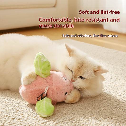 Pink plush pig cat toy with green wings, featuring sound and vibration, 15.5cm long, with USB charging. - Image 4