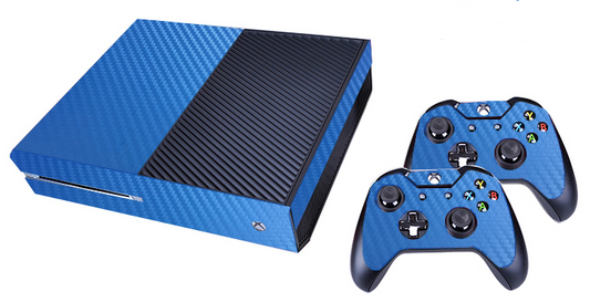 Black carbon fiber sticker set for Xbox One console and two controllers, featuring a textured pattern. - Image 2