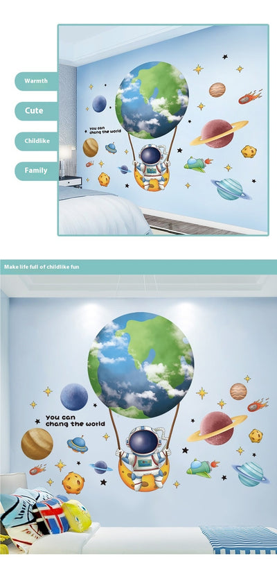 Cartoon astronaut and space station wall stickers with planets, stars, moon, and telescope on a white wall. - Image 17
