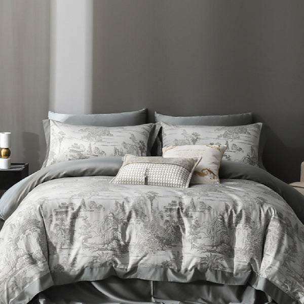 Juego de Sábanas Jacquard Tencel Gris de Cuatro Piezas