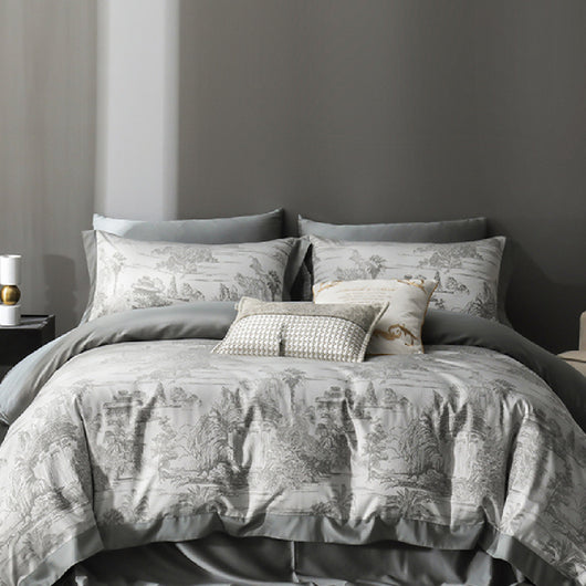 Juego de Sábanas Jacquard Tencel Gris de Cuatro Piezas