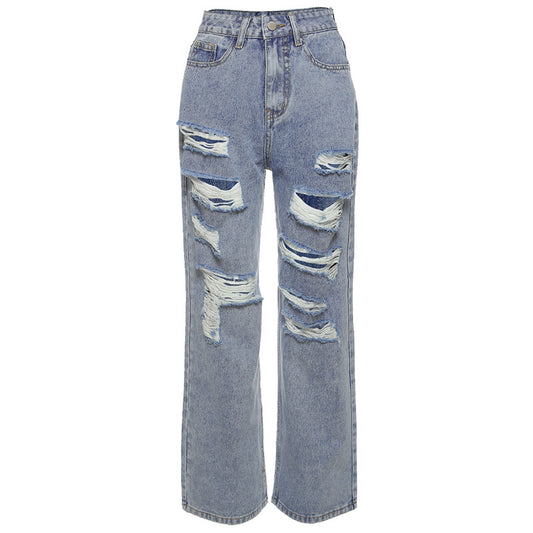 Jeans Rotos Cintura Alta Mujer Tono Claro Estilo Urbano