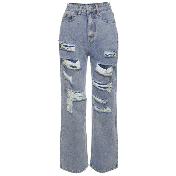 Jeans Rotos Cintura Alta Mujer Tono Claro Estilo Urbano