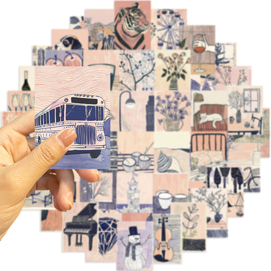 55 portable abstract art stickers in a cute cartoon style, featuring animals, objects, and scenes in pink, blue, and cream. - Image 4